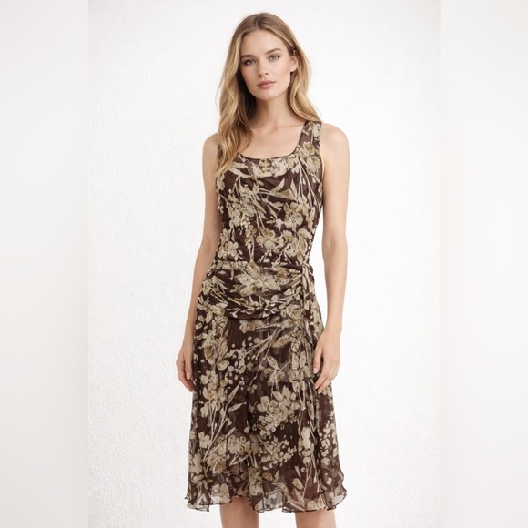 Anne Klein Dresses & Skirts - Anne Klein 100% Silk Floral Dress Sleeveless Brown Cream Wrap Waist Midi Dress